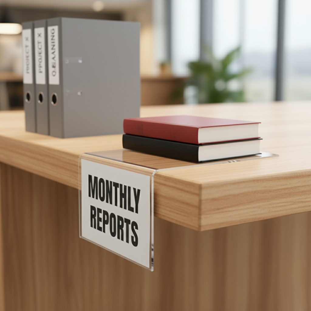 Shelf Sign/Label Holder — Clear Acrylic — Shelf-Edge Display – clear acrylic sign or literature display holder for brochures, menus, flyers, or signage, size 5 x 3. Made in the USA by WebAcrylics.