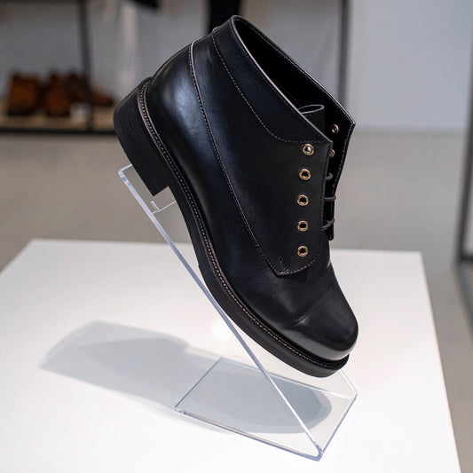 Slant-Back Shoe Display — Clear Acrylic – clear acrylic display stand for retail, showroom, or countertop use, size 4 x 5. Made in the USA by WebAcrylics.