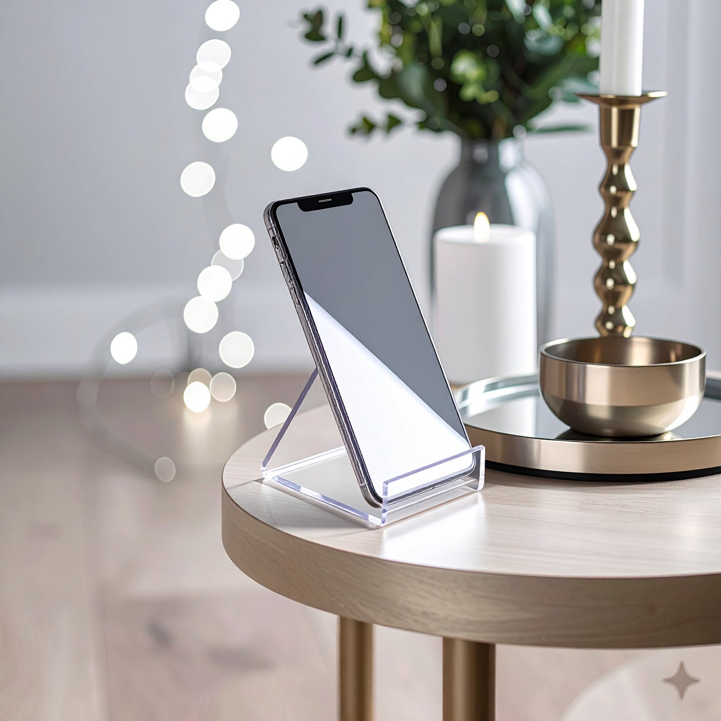 Small Easel-Style Cell Phone Display — Clear Acrylic – clear acrylic display stand for retail, showroom, or countertop use, size . Made in the USA by WebAcrylics.