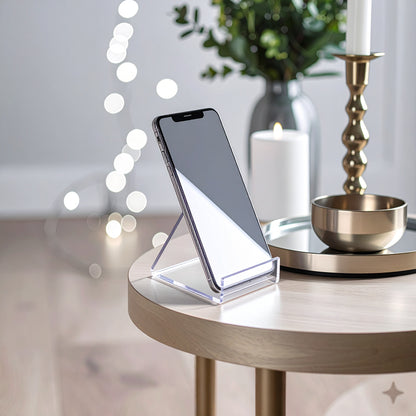 Small Easel-Style Cell Phone Display — Clear Acrylic – clear acrylic display stand for retail, showroom, or countertop use, size . Made in the USA by WebAcrylics.
