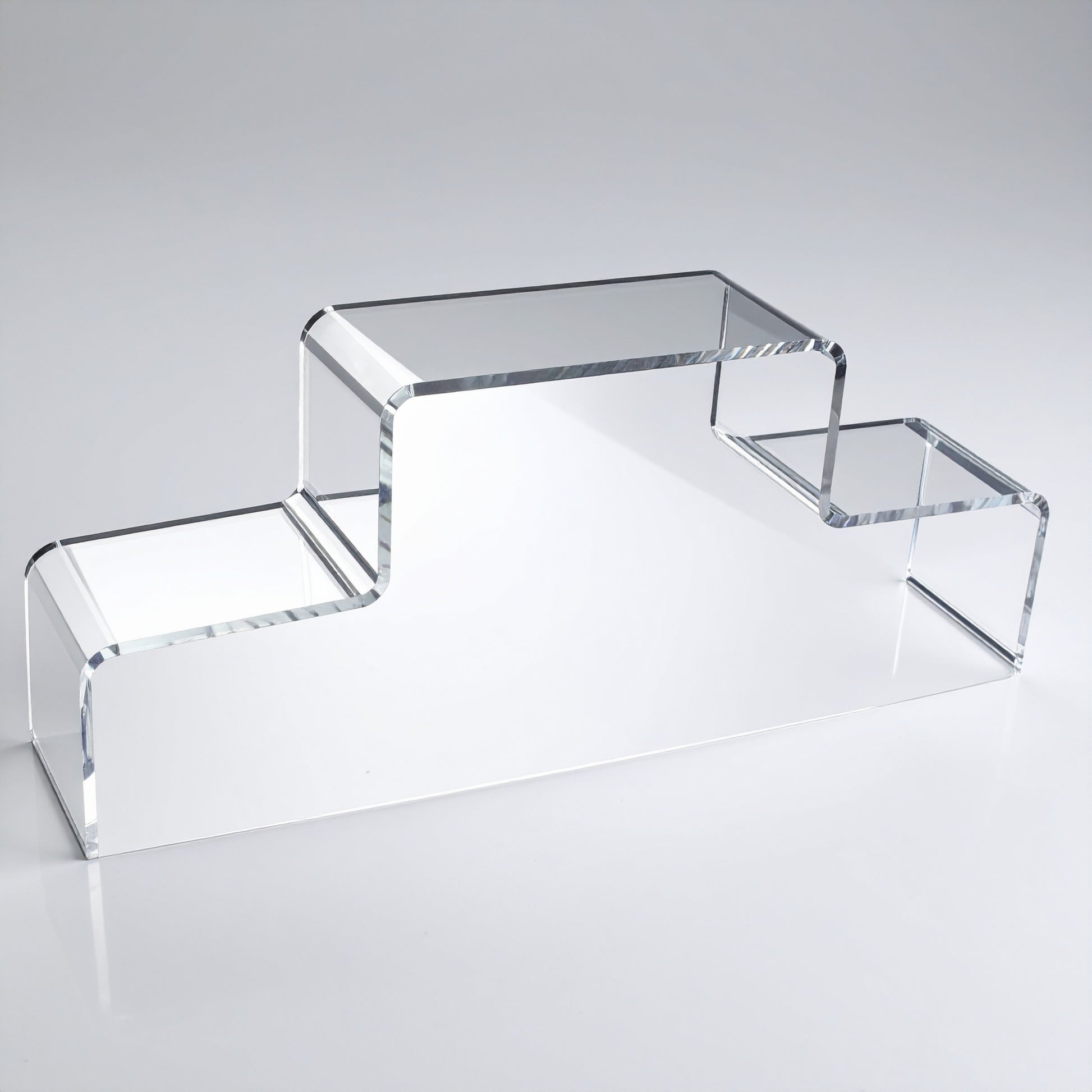 Two-Step Acrylic Stairway Display Riser — Clear – clear acrylic display stand for retail, showroom, or countertop use, size . Made in the USA by WebAcrylics.