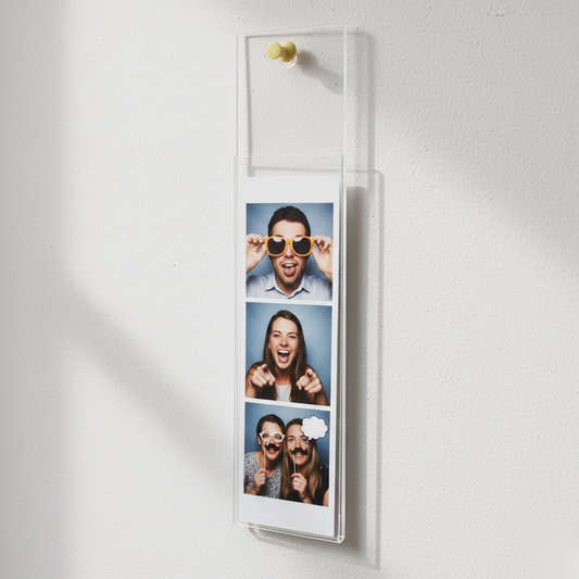 Wall-Mount Photo Booth Frame — Clear Acrylic Strip Display – clear acrylic sign or literature display holder for brochures, menus, flyers, or signage, size 2 x 6. Made in the USA by WebAcrylics.