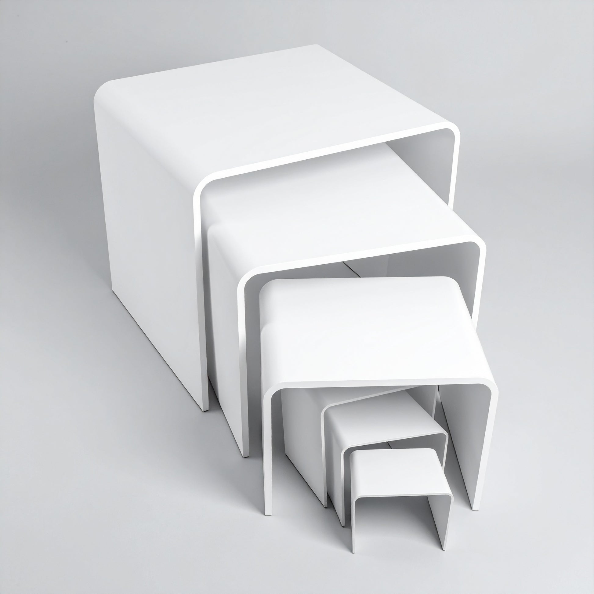 White Acrylic Display Riser Set — Opaque Tiered Stands – clear acrylic display stand for retail, showroom, or countertop use, size 2x2x2, 3x3x3, 4x4x4. Made in the USA by WebAcrylics.