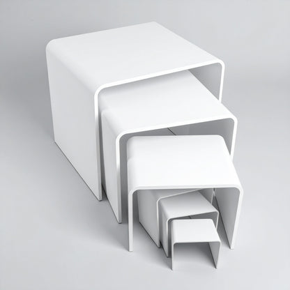 White Acrylic Display Riser Set — Opaque Tiered Stands – clear acrylic display stand for retail, showroom, or countertop use, size 2x2x2, 3x3x3, 4x4x4. Made in the USA by WebAcrylics.