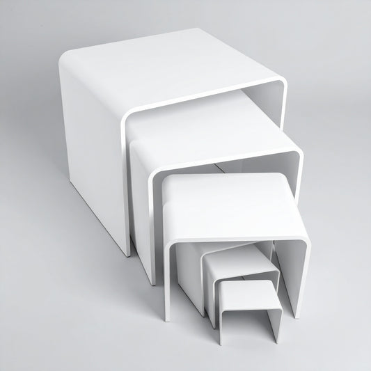 White Acrylic Display Riser Set — Opaque Tiered Stands – clear acrylic display stand for retail, showroom, or countertop use, size 2x2x2, 3x3x3, 4x4x4. Made in the USA by WebAcrylics.