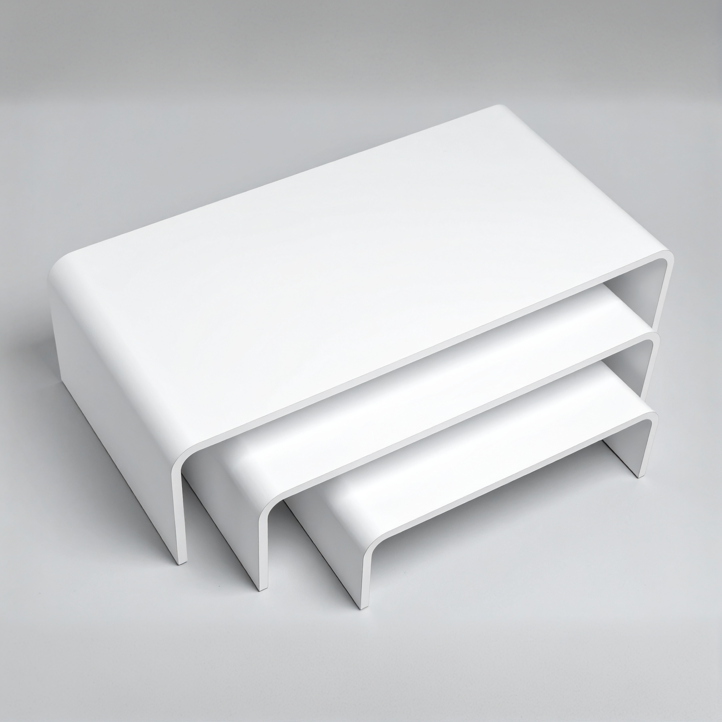 White Acrylic Display Riser Set — Opaque Tiered Stands – clear acrylic display stand for retail, showroom, or countertop use, size 2x2x2, 3x3x3, 4x4x4. Made in the USA by WebAcrylics.
