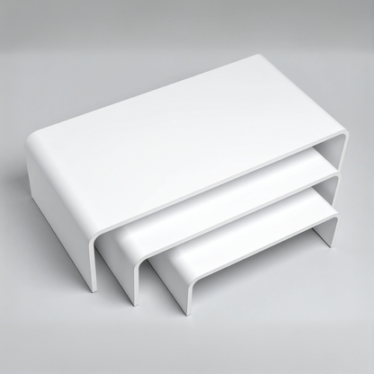 White Acrylic Display Riser Set — Opaque Tiered Stands – clear acrylic display stand for retail, showroom, or countertop use, size 2x2x2, 3x3x3, 4x4x4. Made in the USA by WebAcrylics.