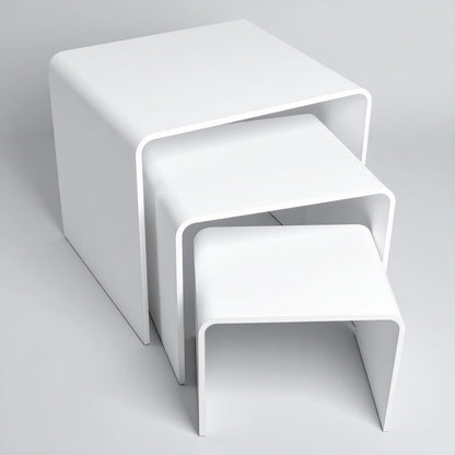 White Acrylic Display Riser Set — Opaque Tiered Stands – clear acrylic display stand for retail, showroom, or countertop use, size 2x2x2, 3x3x3, 4x4x4. Made in the USA by WebAcrylics.