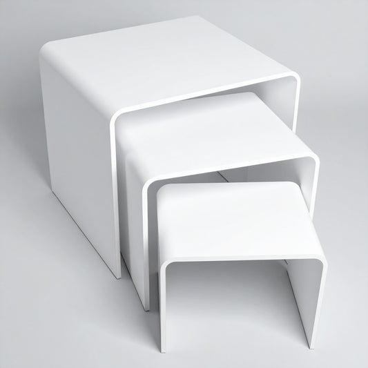 White Acrylic Display Riser Set — Opaque Tiered Stands – clear acrylic display stand for retail, showroom, or countertop use, size 2x2x2, 3x3x3, 4x4x4. Made in the USA by WebAcrylics.