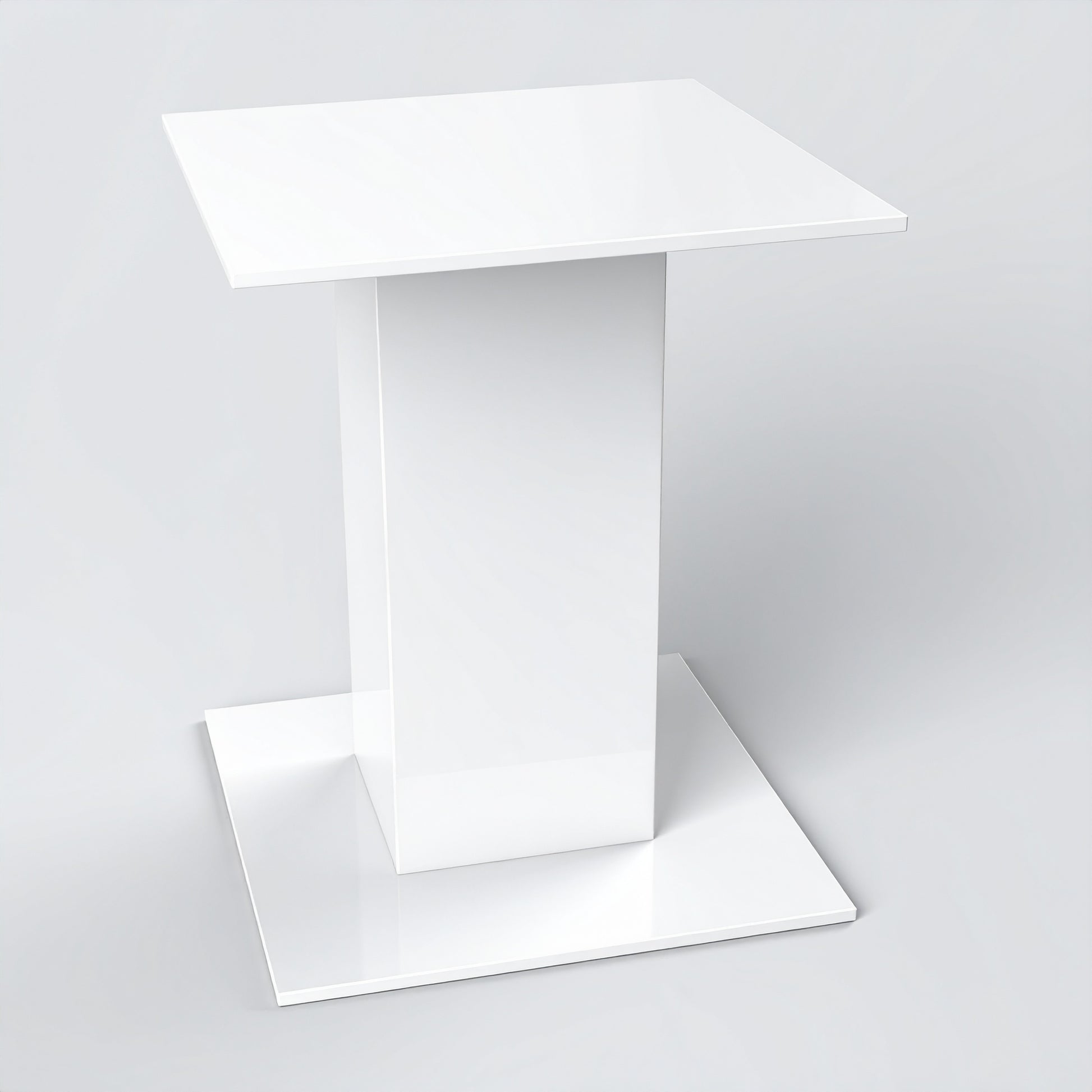 White Acrylic Pedestal Display Riser — Square Tabletop – clear acrylic display stand for retail, showroom, or countertop use, size 4 x 4 x 4. Made in the USA by WebAcrylics.