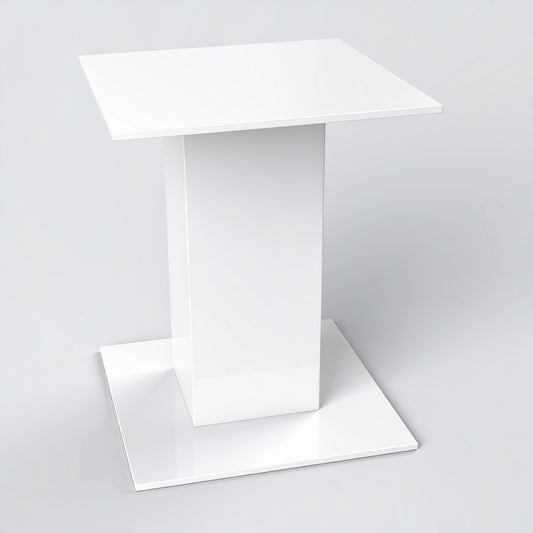 White Acrylic Pedestal Display Riser — Square Tabletop – clear acrylic display stand for retail, showroom, or countertop use, size 4 x 4 x 4. Made in the USA by WebAcrylics.