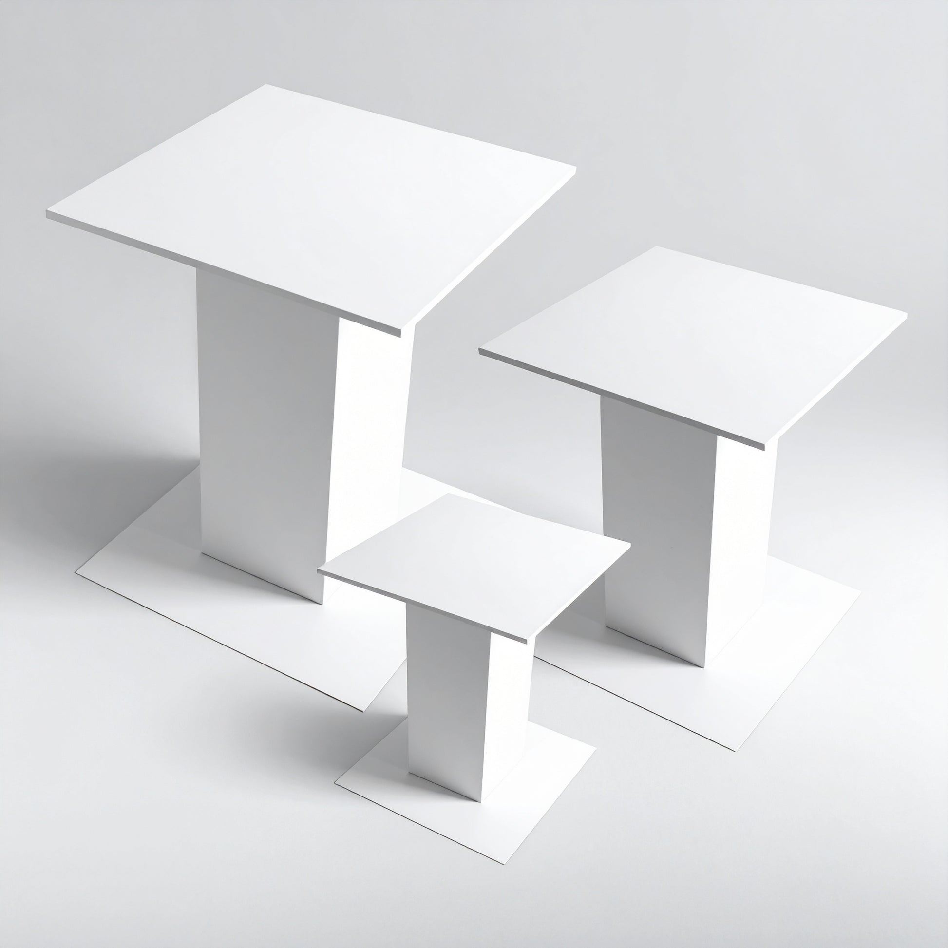 White Acrylic Pedestal Set — Tiered Display Collection – clear acrylic display stand for retail, showroom, or countertop use, size 3x3x4, 3x3x5, 3x3x6. Made in the USA by WebAcrylics.