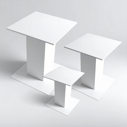 White Acrylic Pedestal Set — Tiered Display Collection – clear acrylic display stand for retail, showroom, or countertop use, size 3x3x4, 3x3x5, 3x3x6. Made in the USA by WebAcrylics.