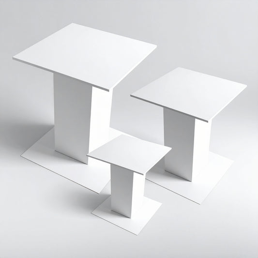 White Acrylic Pedestal Set — Tiered Display Collection – clear acrylic display stand for retail, showroom, or countertop use, size 3x3x4, 3x3x5, 3x3x6. Made in the USA by WebAcrylics.