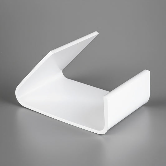 White Business Card & Small Item Holder — Reverse Easel — Acrylic – clear acrylic display stand for retail, showroom, or countertop use, size . Made in the USA by WebAcrylics.