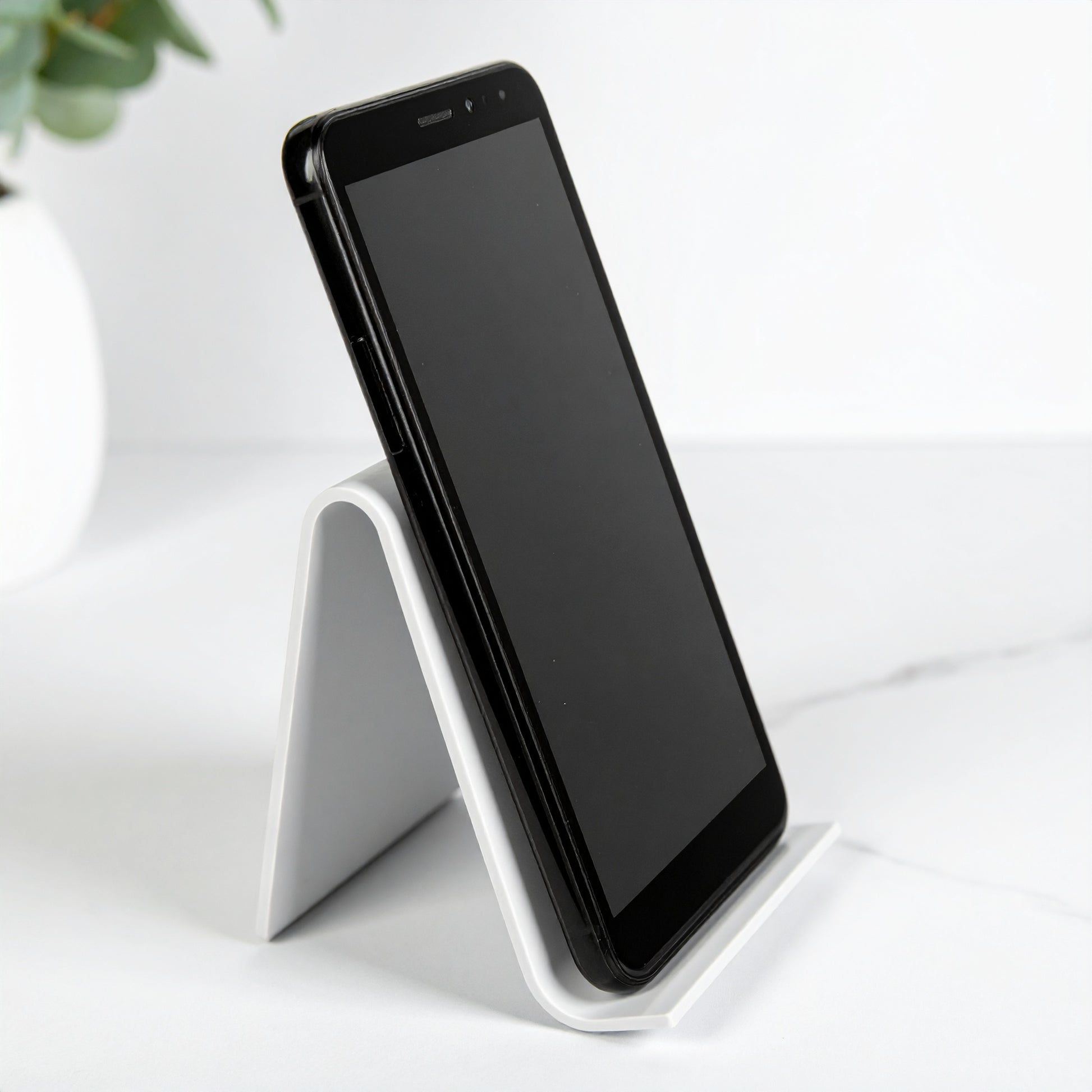 White Open-Front Easel Smartphone Display — Acrylic Stand – clear acrylic display stand for retail, showroom, or countertop use, size . Made in the USA by WebAcrylics.