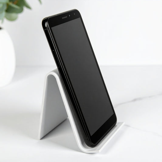 White Open-Front Easel Smartphone Display — Acrylic Stand – clear acrylic display stand for retail, showroom, or countertop use, size . Made in the USA by WebAcrylics.