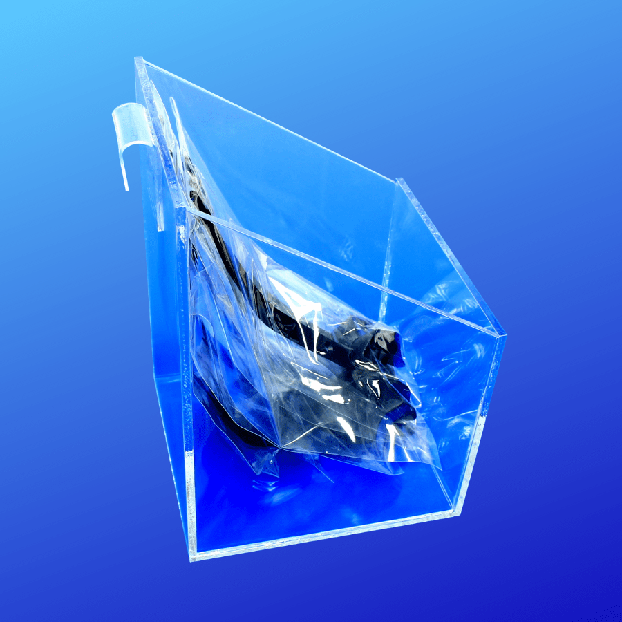 acrylic slanted top bin with a gridwall attachment