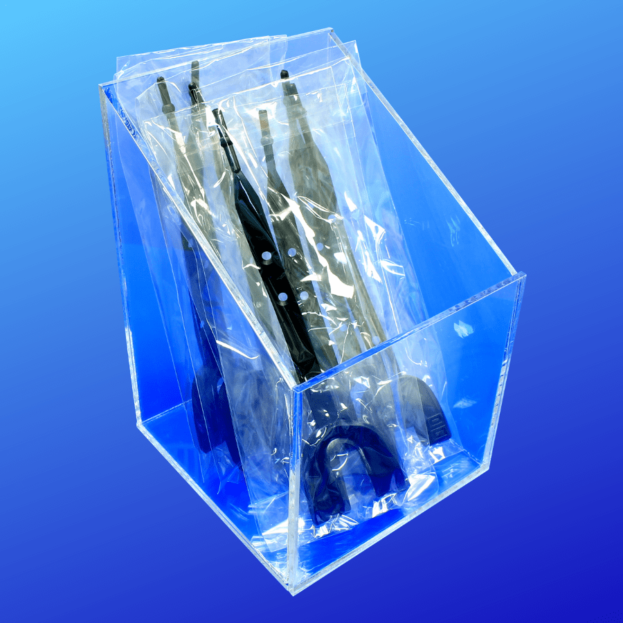 Open top acrylic bin with a slanted top opening