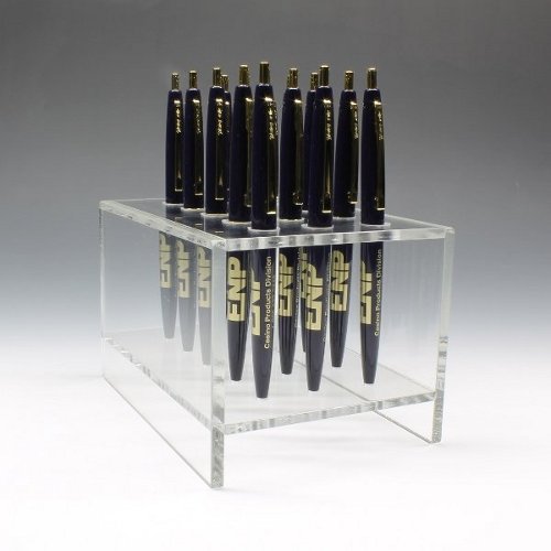 Clear acrylic stand holding multiple pens